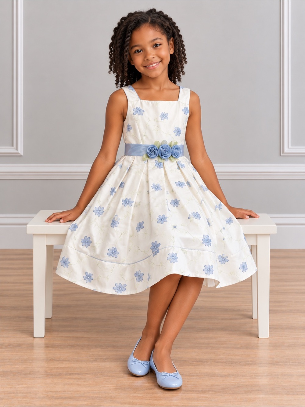 Girls' Cream and Blue Floral Satin-Belt Party Dress